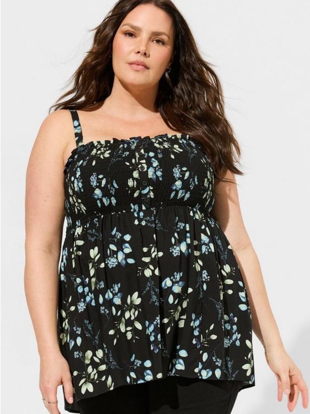 Torrid Black Smocked Floral Tank Top